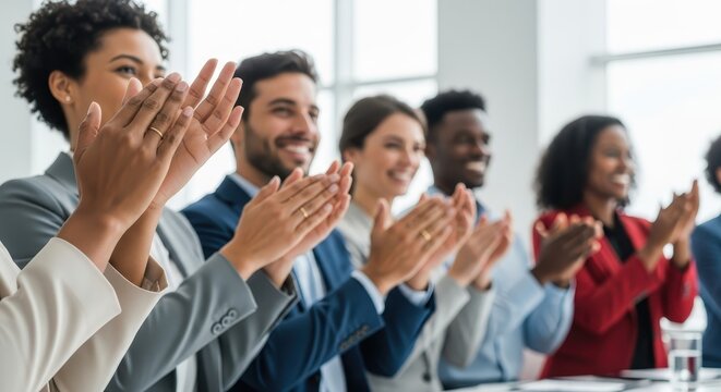 A joyful multicultural group of business professionals in smart attire applauding enthusiastically at a corporate seminar