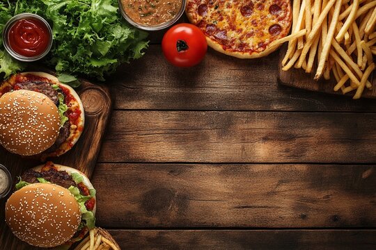 Delicious fast food meal displayed beautifully on a rustic wooden table