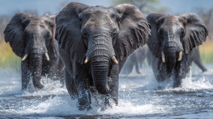 Elephants wade through water in a lush landscape during the golden hour of a tranquil sunset in Africa
