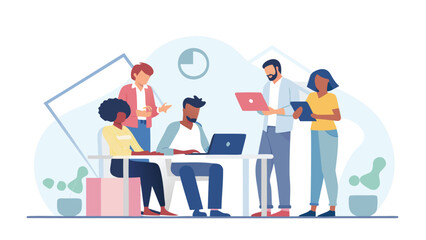 Diverse team of professionals collaborating on a project using laptops and tablets in a modern office setting with abstract background elements