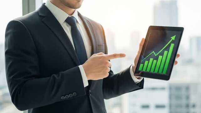 Businessman showcasing escalating charts on a tablet symbolizing success and growth
