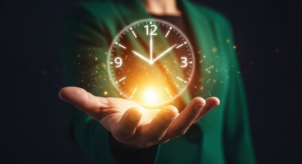 Visionary hand holding a radiant clock, representing the essence of precious time, strategic planning, and future opportunities for growth and success