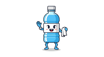 Cute cartoon water bottle character waving hello and offering refreshment with a towel for hydration and health