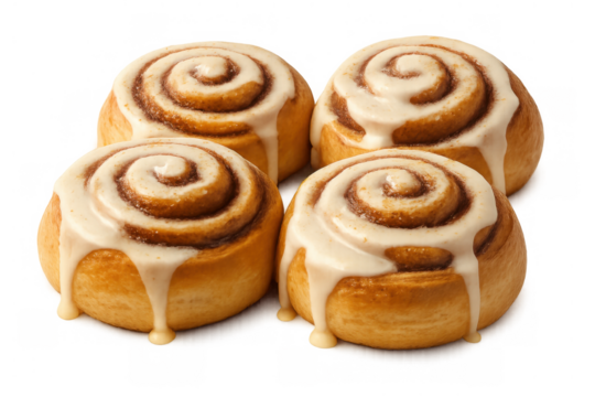 Four fresh cinnamon rolls with sweet cream cheese icing, warm baked pastries for breakfast or dessert on transparent background - Powered by Adobe