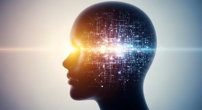 A digital illustration depicts a human head silhouette with a glowing brain, symbolizing intelligence, technology, and the power of thought.