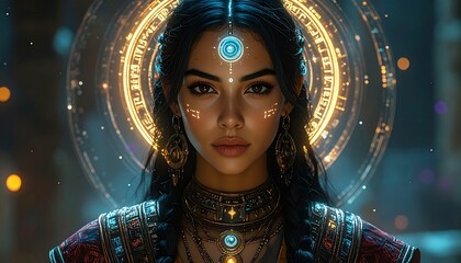Enigmatic woman with a luminous, futuristic halo and ornate traditional adornments, embodying a fusion of ancient wisdom and radiant digital elegance