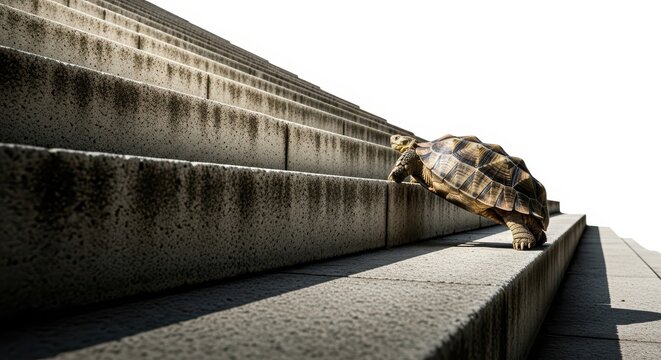 The slow and steady wins the race A tortoise climbs stairs, symbolizing perseverance, dedication, and the power of progress in challenging situations