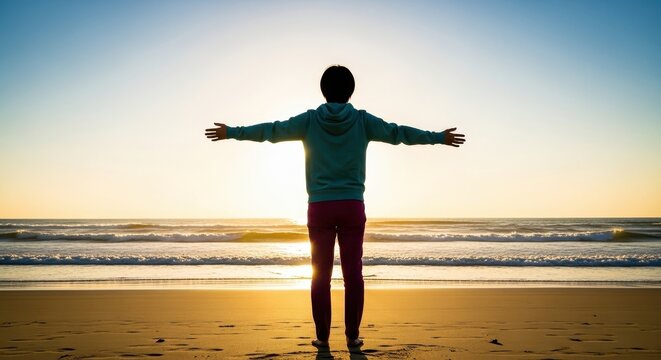 Rear view of a solitary person in a hoodie with open arms welcoming the serene sunrise over the calm ocean on a beach - Powered by Adobe