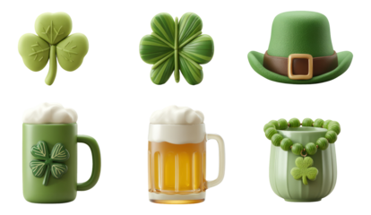 St. Patrick's Day Themed Green Objects Including Shamrock, Beer Mug, and Hat