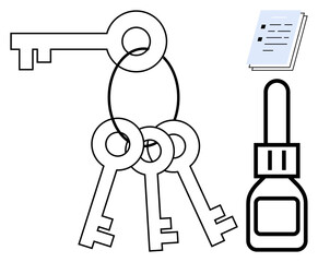 Set of keys on a ring, glue bottle, and a paper document conveying concepts of access, repair, and documentation. Ideal for security, solutions, reliability, organization maintenance trust