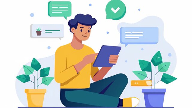 Employee sitting on floor, reading social text online chat message on tablet device, employee reading a social text online chat message, Simple and minimalist flat 2d Animation