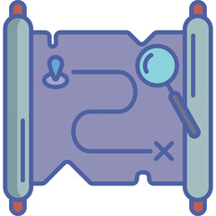 Ancient Treasure Map With Magnifying Glass and Route Marker On A Scroll With Blue and Green Tones Detailed Illustration