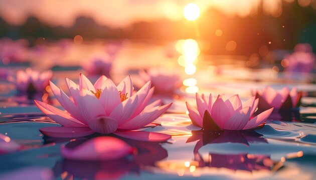 Enchanting pink lotus blossoms drift peacefully on serene waters, illuminated by the radiant, golden light of a mesmerizing sunset, creating a captivating and tranquil natural spectacle