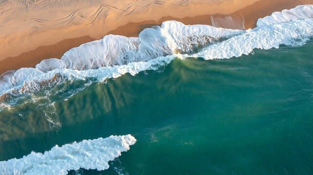 Aerial view of ocean waves rolling onto sandy beach shoreline