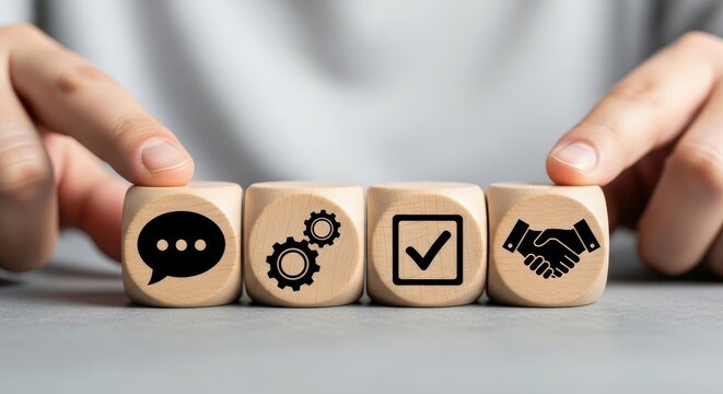 Hand arranging cubes with icons representing communication, process, verification, and partnership, symbolizing business collaboration and project completion