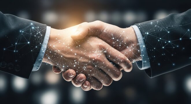 Business partnership and collaboration handshake with digital network connections and blurred background lights representing global connections - Powered by Adobe