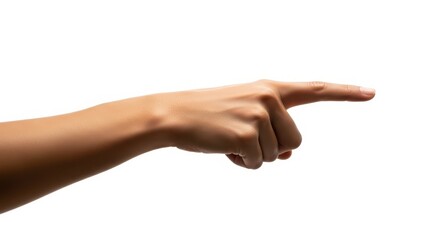 Close up of a female hand with the index finger pointing forward on a pure white background. A gesture for direction and selection
