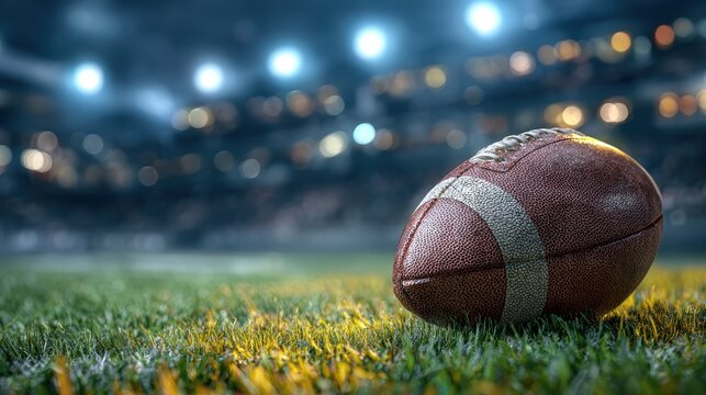 Football resting on the grass of a stadium field during an evening game with lights shining in the background