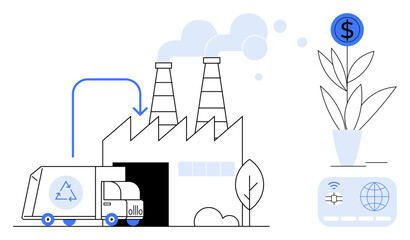 Recycling truck near factory emitting smoke, flow linking to plant growing money. Ideal for sustainability, waste management, green energy, economics, industry, ecological balance growth. Simple