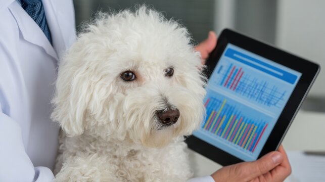 Vet Using Tablet to Review Pet Health Chart With a Small Dog During a Checkup in a Clinic Setting