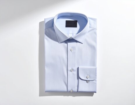 Folded pale blue dress shirt on white, top down studio shot