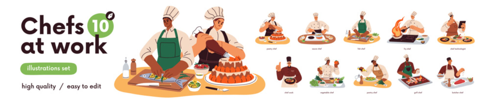 Chefs cooking food at work in restaurant set. Professional culinary workers, cooks preparing meat, fish and vegetable dishes, sauces at kitchen. Flat vector illustration isolated on white background