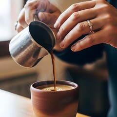 Hand Pouring Black Coffee Into Clay Cup – Side Angle Close-Up