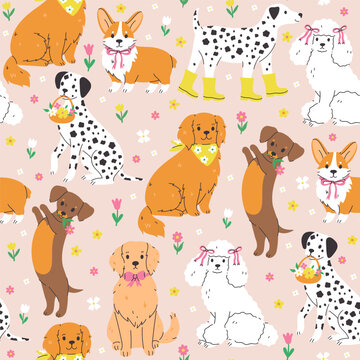 Seamless pattern with cute spring dogs and flowers. Vector graphics.