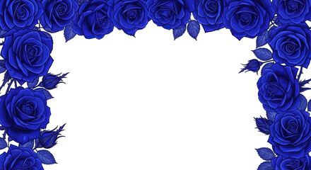 A captivating frame of deep blue roses, isolated on transparent background, creates an elegant and romantic border, perfect for adding a touch of sophistication to any design