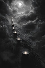 A straight line of glowing candles floating in the sky, seen from above