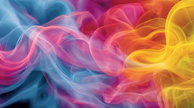 Colorful swirling smoke patterns create a vibrant abstract design in shades of blue, pink, yellow, and orange in a lively visual display