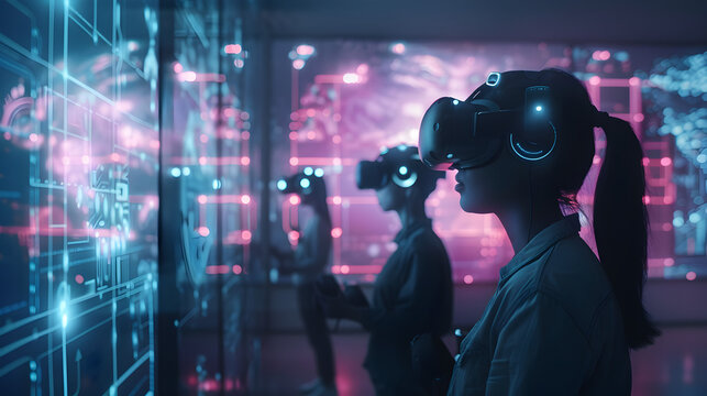 Exploring the metaverse a group of people wearing vr headsets immersed in a digital world, interacting with holographic displays and virtual environments