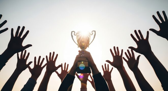 Hands reaching up towards a shining trophy in the sky, symbolizing achievement, victory, and collective success