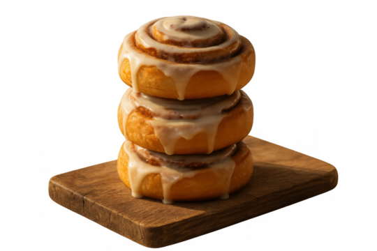 Stack of fresh cinnamon rolls with sweet cream cheese icing drizzling, placed on wooden board, transparent background