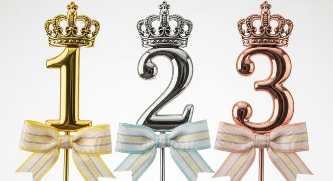 Golden silver and rose gold number toppers with crowns and bows