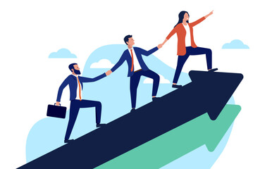 Business team of businesspeople climbing a large upward arrow together, symbolising leadership, progress, and future direction towards success in a flat design vector illustration on white background