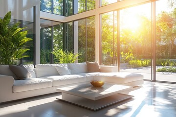A stylish modern living room with large windows