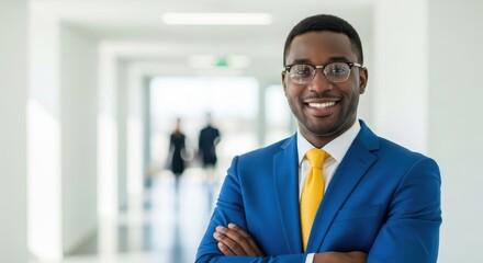 Smiling African American Businessman in Blue Suit with Arms Crossed in a Modern Bright Building, Business Success