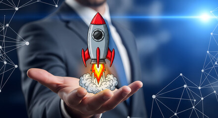 Confident businessman launches innovative startup with a powerful rocket taking off from his hand, symbolizing growth and success in a connected digital world