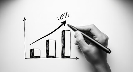 Close-up of a hand with a marker drawing an ascending bar graph with an upward arrow, illustrating business success and financial growth
