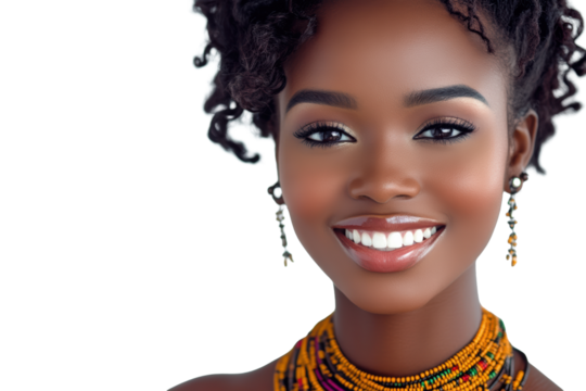 Elegant woman smiling with earrings visible
