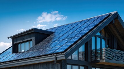 Obraz premium Architectural Exterior of a Dark House with Solar Panels Under a Blue Sky and White Clouds