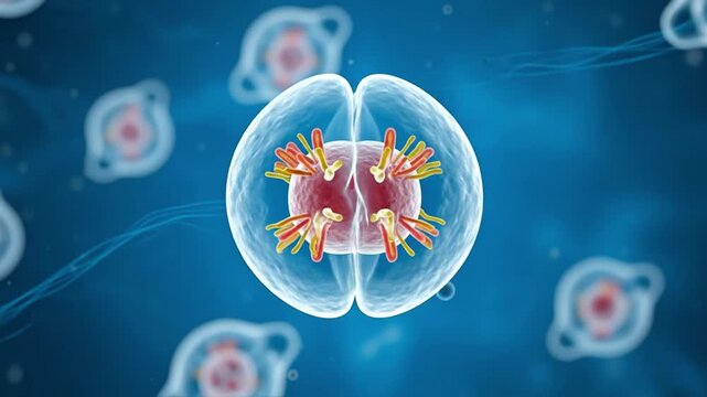 Detailed Microscopic Illustration of a Cell Undergoing Mitotic Division, Showcasing Chromosomes and Genetic Replication in a Scientific Biology Concept