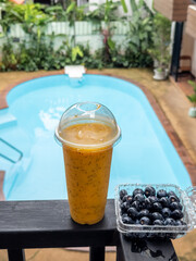 A vibrant tropical smoothie and fresh blueberries sit on a balcony railing, overlooking a sparkling swimming pool amidst lush garden foliage. Perfect for summer, health, and relaxation imagery.