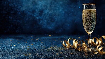 Champagne Glass with Bubbles and Golden Decorations on Dark Blue Background