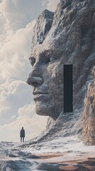 A surreal digital artwork portraying an ancient stone head with the face carved into it
