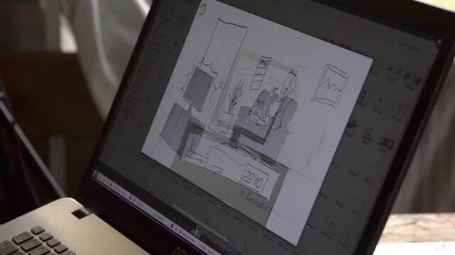 Graphic drawings on a computer screen. Artist's work. Film illustrations. Storyboard. Filmmaking. Animation. Close-up. No people.