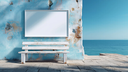 Blank white billboard on rustic blue wall with bench near seaside promenade under clear summer sky