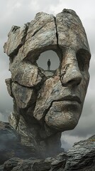 A surreal digital artwork portraying an ancient stone head with the face carved into it