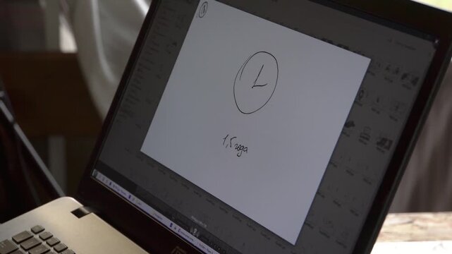 Graphic drawings on a computer screen. Artist's work. Film illustrations. Storyboard. Filmmaking. Animation. Close-up. No people.